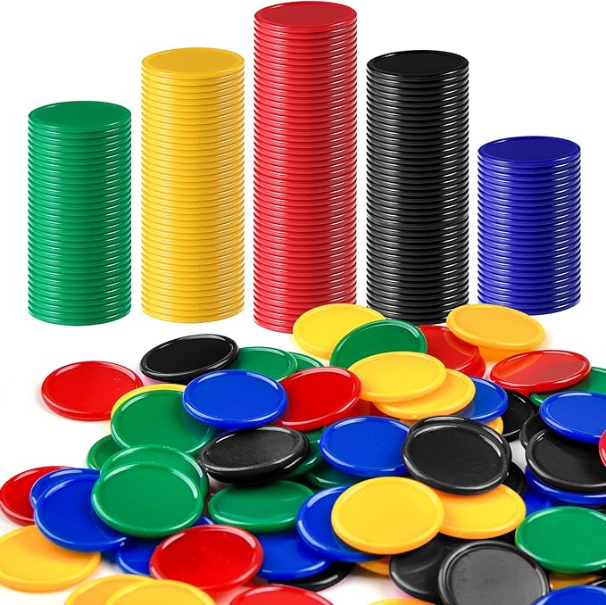 Coopay 500 Pieces Plastic Learning Counters Disks Bingo Chip 5 Colors Counting Discs Markers for Math Practice and Poker Chips Game Tokens Kids Reward, 1 Inch (Red, Blue, Black, Green, Yellow)