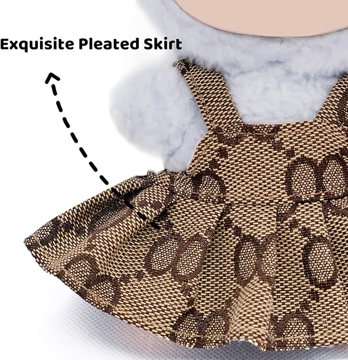 Clothes Compatible with 17cm Dolls, Premium Dolls Accessories 2 Piece Set Including Chic Grid Spaghetti-Strap Dress and Bow, High-End Fashion Outfit for Play & Display - Brown