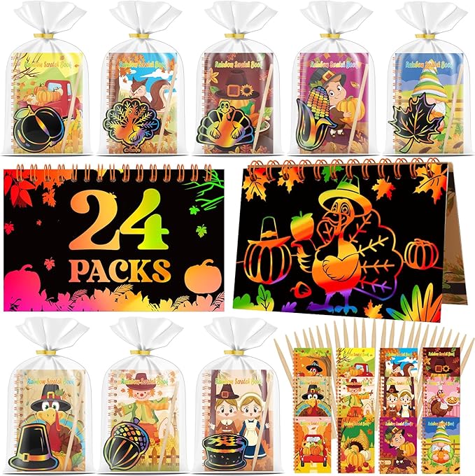 24 Pack Thanksgiving Scratch Art Party Favors for Kids - Rainbow Scratch Paper with Fall Party Scratch Off Cards Pumpkin Birthday Goodie Bag Stuffers - Return Gifts DIY Classroom Prize