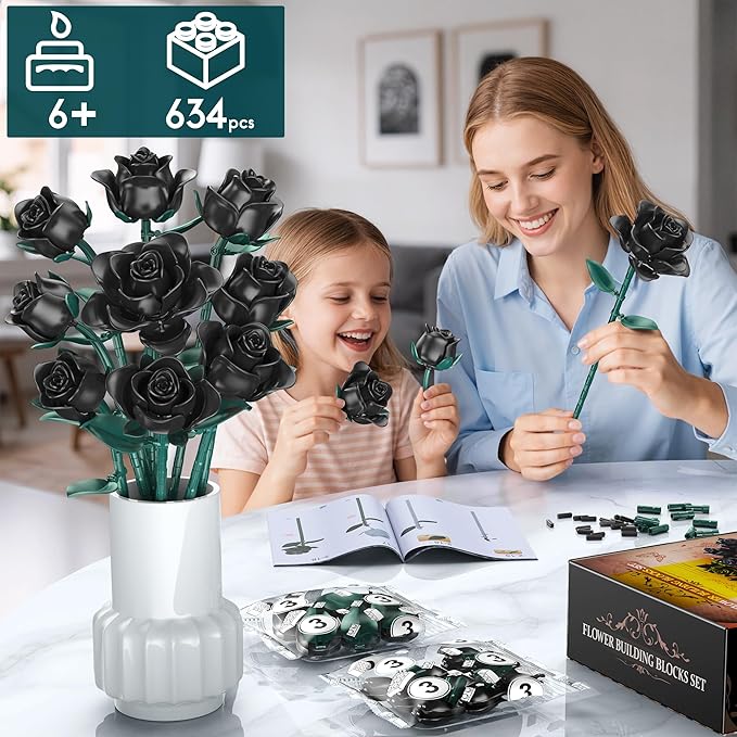 Black Rose Building Blocks Set for Kids, 634PCS Flower Bouquet Brick Toy, Romantic Gift for Girls, Women, Valentine's Day, Birthday, Mother's Day, Halloween, DIY Artificial Plant for Home Decor