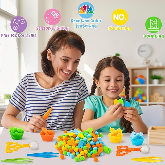 EZdhuawuse Summer Ice Cream Sensory Bin Fillers - 295 Fine Motor, Color Recognition, Sorting, Counting Toys for Kids, Ice Cream Cone Felt Pom Poms Cup Clip Gifts for Preschool Kindergarten Activities