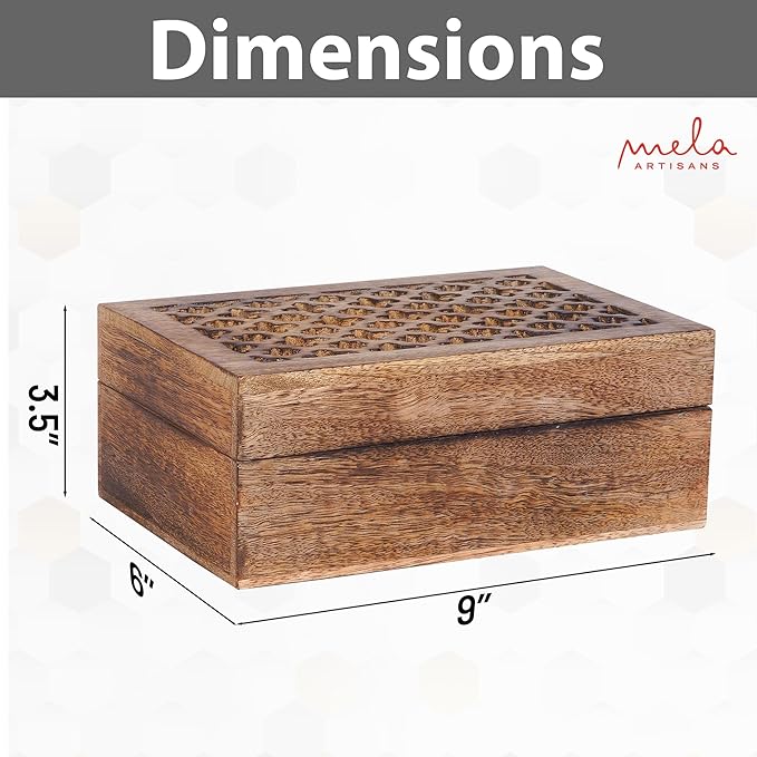 Mela Artisans Wooden Keepsake Box | Medium Burnt Mango Wood Memory & Photo Storage Box with Hinged Lid | Decorative Storage Box | Large | 9x6x3.5 Inch