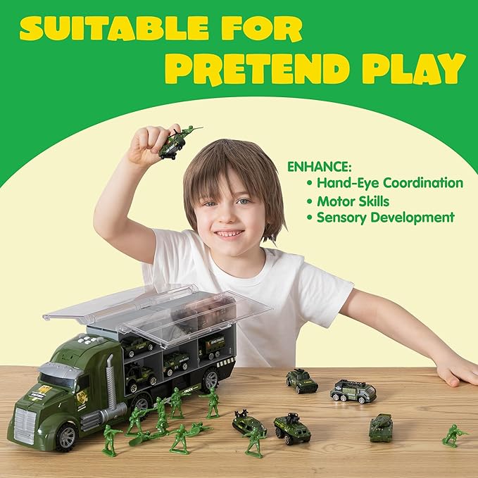 JOYIN 25 in 1 Military Kids Truck Toys for Age 3+, Toddler Boy Toys, Army Men Tanks Set with Soldier Men, Mini Battle Cars in Carrier Truck with Lights and Sounds, Christmas Great Gifts for Grandkids