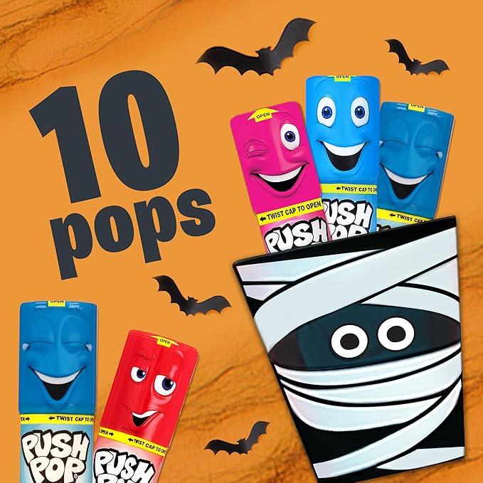 Push Pop Halloween Candy Variety Pack, 10 Ct Lollipops Individually Wrapped in Fruity Flavors, Bulk Individually Wrapped Hard Candy, Birthday Party Favors, Trick or Treat, Halloween Bowls, Kids Gifts