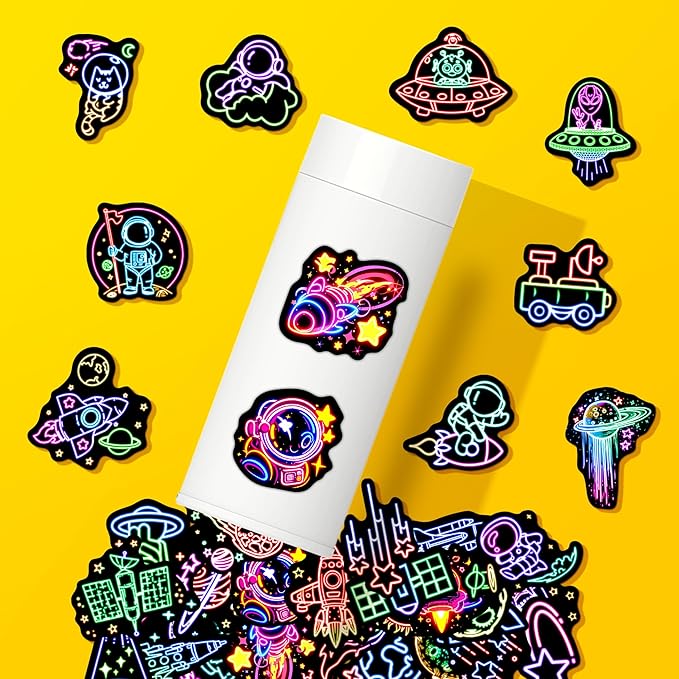 52 Pcs Neon Astronaut Stickers for Kids, Waterproof Space Sticker for Water Bottle, Vinyl Laptop Decals for Teens Girls Boys, Students Adults Sticker Pack