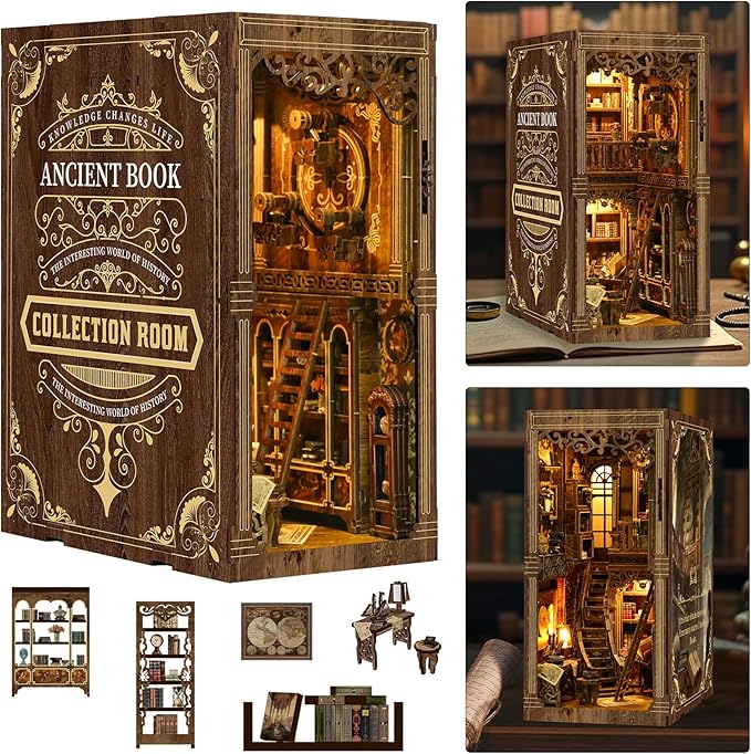 ISSEVE Book Nook Kit, DIY 3D Wooden Puzzle Dollhouse Booknook for Adults, Tiny Miniature House Kit Bookshelf Decor with LED Light and Dust Cover, Gifts for Family and Friends (Book Collection Room)