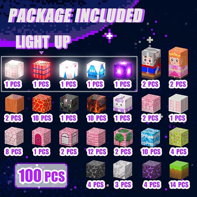 100 PCS Magnetic Blocks with Light Blocks, 1inch Light Up Rechargeable Magnetic Building Blocks for Boys Girls Ages 3+, Sensory Magnet Cubes Christmas Birthday Present Construction Toys.