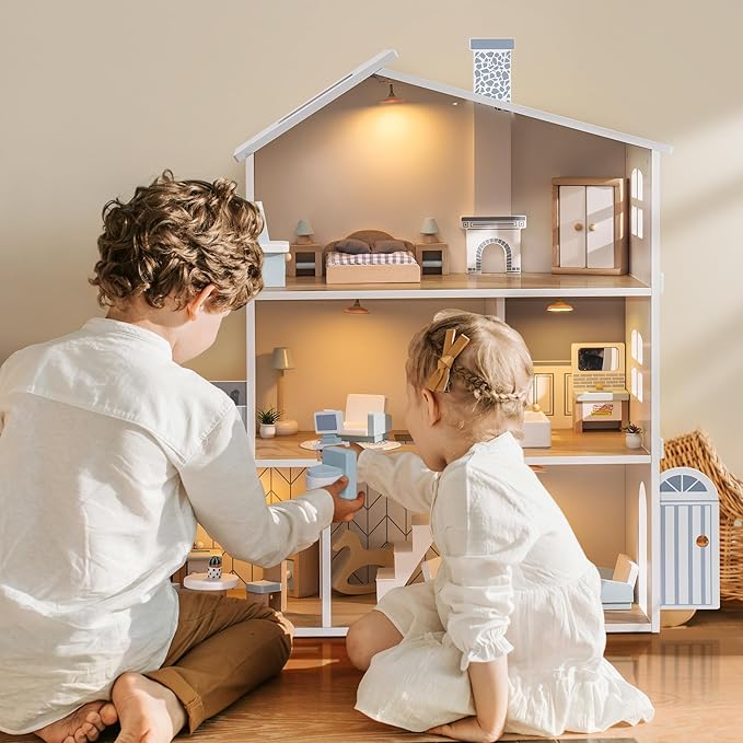 ROBOTIME Wooden Dollhouse, Wooden Doll House with 29 Pieces of Furniture, 6 Rooms Fits 4-6 Inch Dolls, Gift for Kids Ages 3+