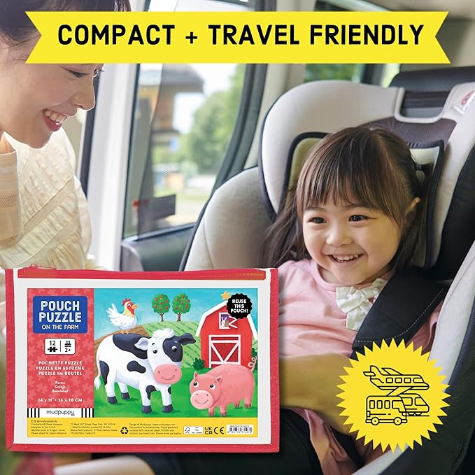 Mudpuppy On the Farm – 12 Piece Puzzle with Reusable Zipper Pouch Featuring Colorful and Fun Illustrations of Farmyard Animals Perfect for Easy Storage and Travel