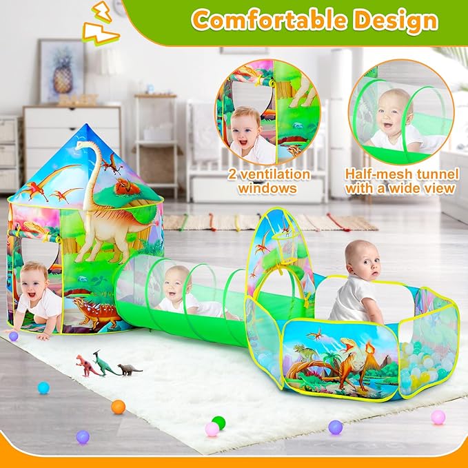 3pc Dinosaur Play Tent for Boys with Ball Pit, Crawl Tunnel, Play Tents for Toddlers, Baby Space World Playhouse Toys, Boys Indoor& Outdoor Play House, Perfect Kid’s Gifts
