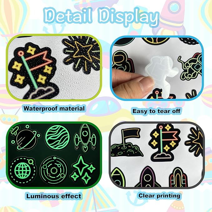 52 PCS Glow in The Dark Neon Space Stickers for Kids, Waterproof Water Bottle Stickers for Kids Astronaut Planet Vinyl Laptop Decals for Teens Girls Boys