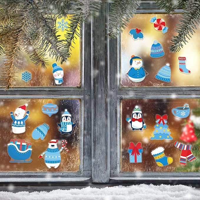 20 PCS Winter Thick Gel Clings for Christmas Window Decals Stickers - Home, Airplane, Classroom, Nursery Holiday Party Supplies Decorations for Kids, Toddlers and Adults
