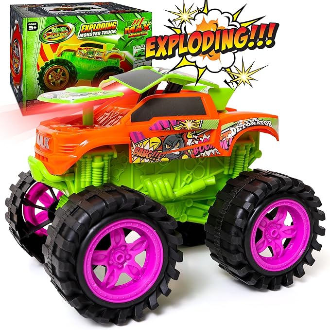 Exploding Monster Truck Toy with Explosive Crash Sounds and Lights, Smash It Up Again and Again, 8.7” Monster Truck Toys for Boys Kids Ages 3, 4-7 & Above | Toddler Toys for 3 Year Old Boys Gift