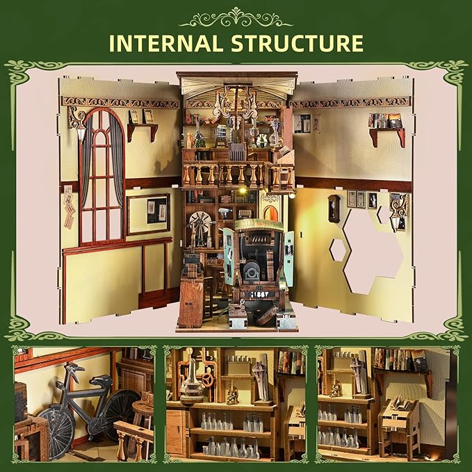 Book Nook Kitwith Dust Cover and LED Light, 3D Wooden Puzzle Bookend Bookshelf Insert Decor for Teens and Adults-The Radium Lady
