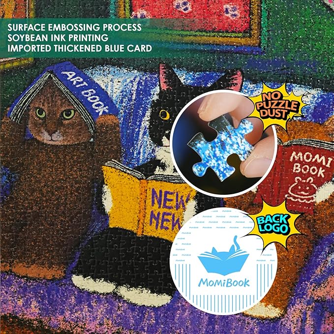 MOMIBOOK Puzzles for Adults 1000 Pieces Jigsaw Puzzles of Cat Book Club, Painting Image Animal Difficult Challenging Hard Impossible Puzzle Unique Funny Party Christmas Birthday Gifts