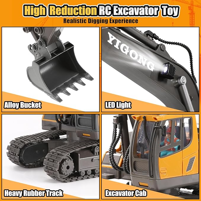 LUDILO Remote Control Excavator Toys for Ages 5-7, 11CH 2400mAh 2.4GHz RC Cars Construction Toy Truck Digger Metal Shovel Sound Light, Kids Boys Toys Age 4-6-8 Birthday Gifts for 5 6 7 8 Year Old Boys