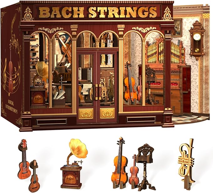 Fsolis Book Nook Kit - DIY Scene Miniature Dollhouse Kit for Adults, Shelf 3D Puzzles 285 pcs, Tiny House Mini Music Shop Model Booknook Craft Bookshelf Decor Gifts for Women (Bach Strings)
