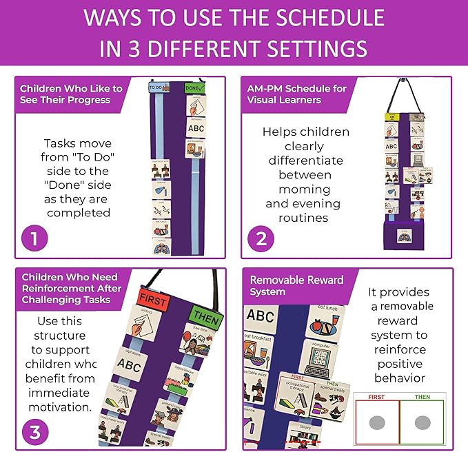 Two Strip Night & Day Daily Schedule Great Visual Behavioral Tool for Structure at Home, School & in The Community. (Purple Magnetic -2 Strips, 133 Icon Plastic Cards)