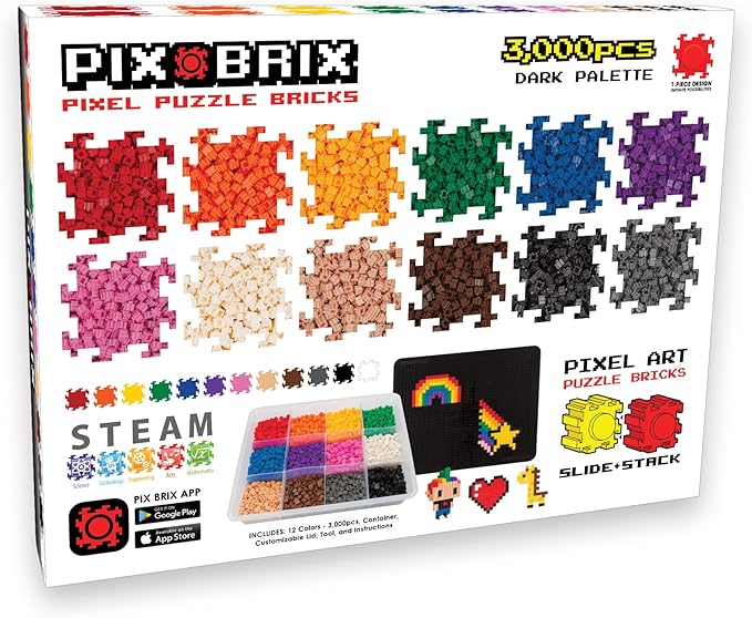 Pix Brix Pixel Art kit Puzzle Bricks - 3,000 Piece Pixel Art Container, 12 Color Dark Palette - Interlocking Building Bricks, Create 2D and 3D Builds Without Water or Glue - Stem Toys, Ages 6 Plus