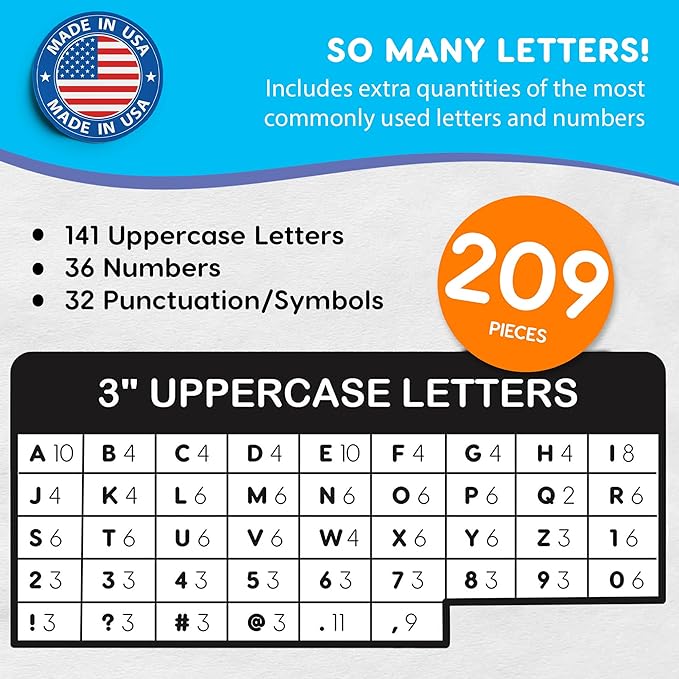 209 Pcs 3" Happy Colors Precut Letters & Numbers - Capital, Numbers, Punctuation - US Made Card Stock for Poster, Bulletin Board, Classroom