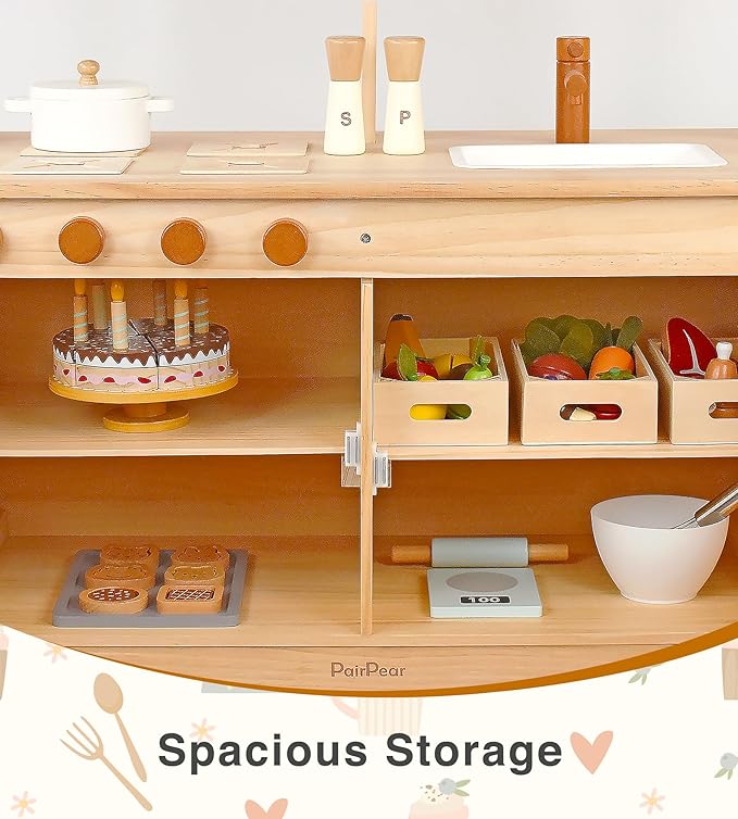 PairPear Wooden Play Kitchen Set, Solid Pine Wood 2 in 1 Kids Kitchen & Market Shelf with Chalkboard, Natural Finish, 7 Piece Pretend Play Kitchen playset for Age 3+