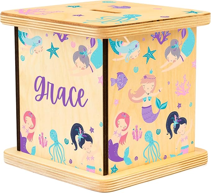 Wooden Piggy Bank for Kids and Adults, Personalized Gift Handmade in USA by BloomOwl, Custom Piggy Bank, Personalized Banks for Kids, Gifts for Baby Boys and Girls (Mermaid)