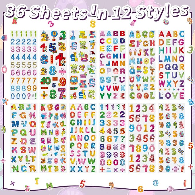 36 Sheets 3D Letter & Number Stickers - 900+ Reusable ABC, 123 Learning Stickers | Non-Toxic PVC Foam | Teacher Supplies, Crafts, Kids Activities