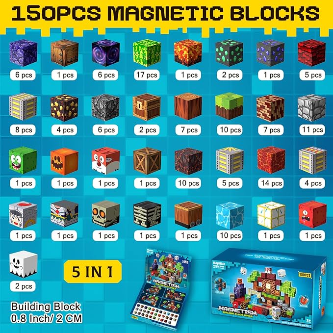 Magnetic Blocks 150PCS, Magnetic Building Blocks, STEM Magnet Blocks Cubes for Kids Age 3-5 4-8 8-12, Sensory Stacking Toy Christmas Birthday Gifts for Boys Girls