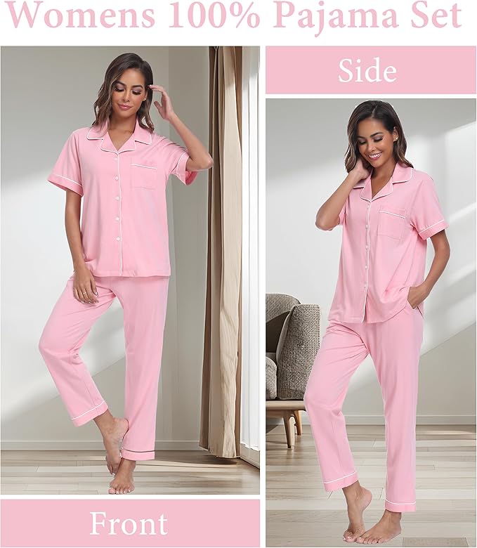 CF Womens 100% Cotton Pajamas Set Button Down Pjs Sets Short Sleeve Top & Long Pants Sleepwear Comfy Loungewear with Pockets