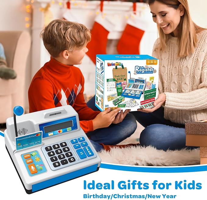 Calculator Cash Register Toy Gift for Kids Age 3, 4, 5, 6, 7, 8+ Year Old, 120 Pcs Grocery Store Playset with Toy Cash, Grocery BoxesCredit Card, Microphone, Grey Play Cash Register for Toddlers 4-8