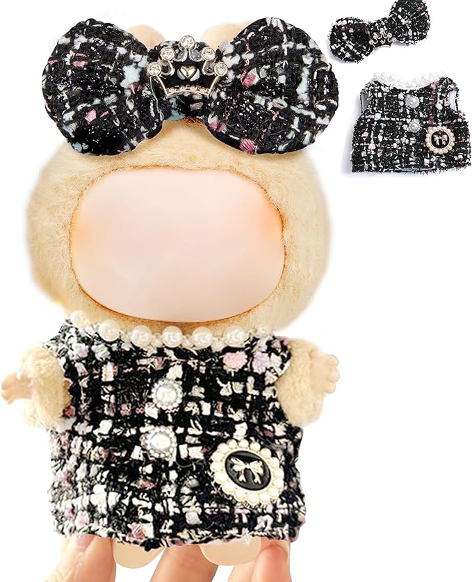 17cm Doll Clothes for Labubu - Luxury Chic Style Set for 17cm Dolls Outfit - Accessories for Dolls Clothes -Black Plaid Tweed Dress + Black Bow (No Doll)