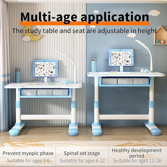 2025 NEW Kid's Study Desk and Chair Set, Ergonomic Height Adjustable Children Study Desk with Tilt Desktop, Book Stand, Light, Metal Hook and Storage Drawer,Gift for Boys Girls (Blue 70cm light)