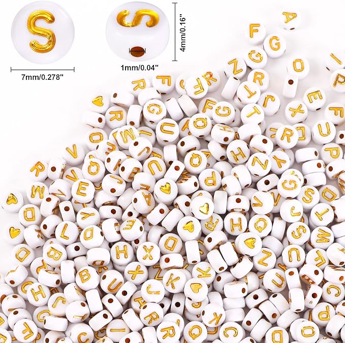 DECYOOL Letter Beads, 1900Pcs 4×7mm White Gold Acrylic Alphabet Beads with 1 Roll Elastic String for Bracelet Necklace Jewelry Making Supplies