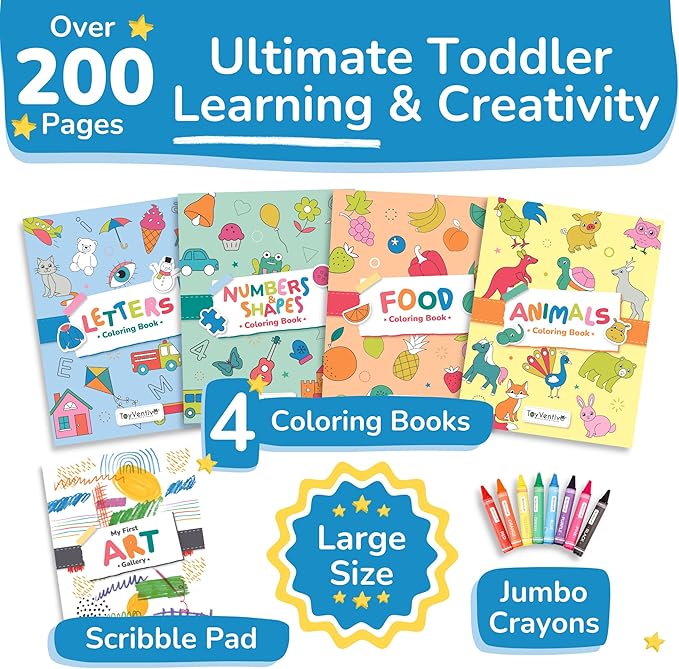 TOYVENTIVE Toddler Coloring Books & Crayons, Toys & Birthday Gifts for 1+,2,3,4 Years Old Boys, Toddlers & Preschoolers Age One,Two,Three,Four yr Olds