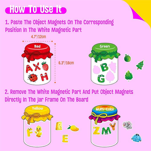 12 Pieces Magnetic Color Sorting Jars, 60 Color & Letter Magnets for Fridge Whiteboard, Early Educational Sorting Toy Set, Alphabet A-Z Learning Tool for Baby Toddlers Kids
