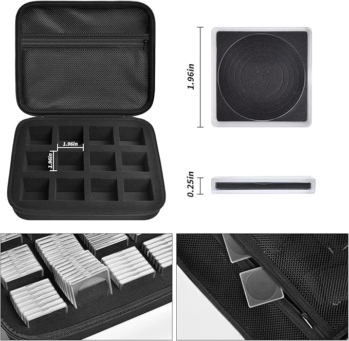 PAIYULE 96 Pieces 46mm Coin Capsules, with Foam Gasket and Plastic Storage Organizer Box, 6 Sizes (20/25/27/30/38/46mm) Coins Collector Case Holder for Coin Collection Supplies (Black-Square)