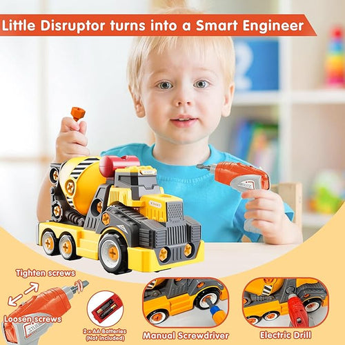 11inches Large Take Apart Cement Mixer Trucks Construction Toys for Boys Girls Kids 3-5 6-8 Year Old Electric Drill Set Assembly Building Toys
