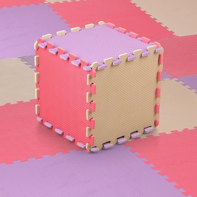 Nuanchu 60 Pcs Kids Foam Puzzle Floor Mat Bulk Solid Color Foam Play Mat with Borders Interlocking Multi Use Floor Rug for Baby Toddler Children 12 Inch (Pink, Beige, Purple)