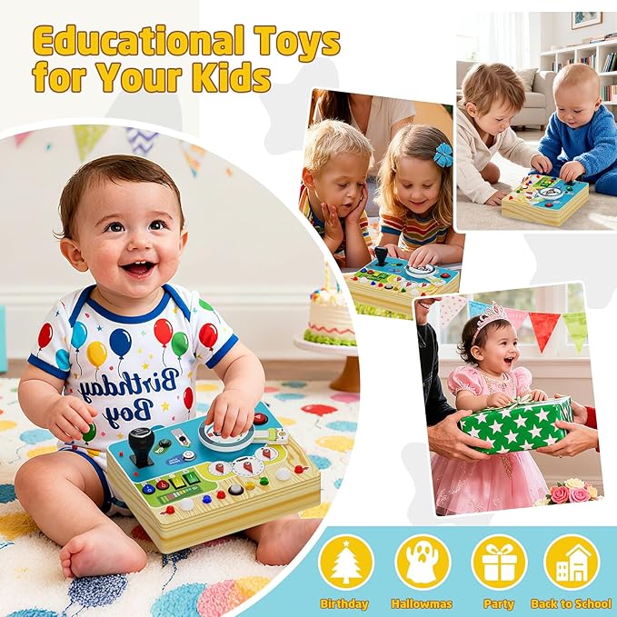 Busy Board With Led Light - Montessori Busy Board Wooden Sensory Toys for Toddlers 1 2 3 Years Old, Educational Baby Fidget Boards Toy, Creative Birthday Christmas Gifts for 1-3 2-3 3-4 Year Old Boys