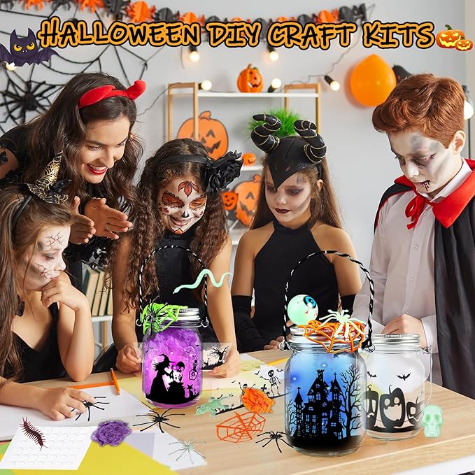 SpringFlower Halloween DIY Arts and Crafts Kits，12 Pcs Glass Mason Jar with Accessories for DIY Lantern Jar, Art & Craft Party Supplies for Classroom Kids