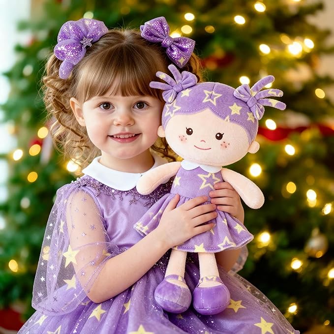 Onetoo Rag Doll Plush Baby Dolls Soft Baby Doll for Girls First Baby Doll Plush Sleeping Cuddle Buddy Doll Wear Star Purple Sleeveless Dress 14"
