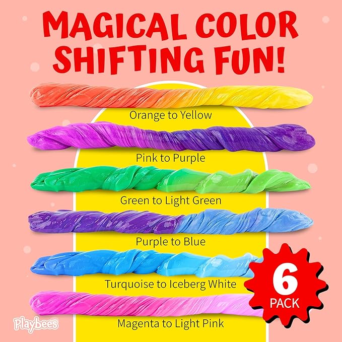 Playbees Color Changing Therapy Putty 6 Pack - Silly Mini Thinking Slime for Sensory Play, Educational Games, Fidget Toy 8-15 - Heat Sensitive Magical Color Shifts - Slime Favors 0.5 Oz