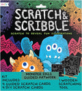 Ooly Scratch & Scribble 10pc Art Kit with 8 Total Scratch Cards (4 Illustrated, 2 Blank, 2 Rainbow) with Scratching Tool and Sparkled Stickers, Art Set Gifts for Kids - Monster Pals