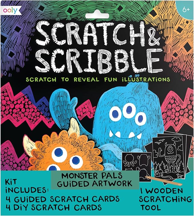 Ooly Scratch & Scribble 10pc Art Kit with 8 Total Scratch Cards (4 Illustrated, 2 Blank, 2 Rainbow) with Scratching Tool and Sparkled Stickers, Art Set Gifts for Kids - Monster Pals