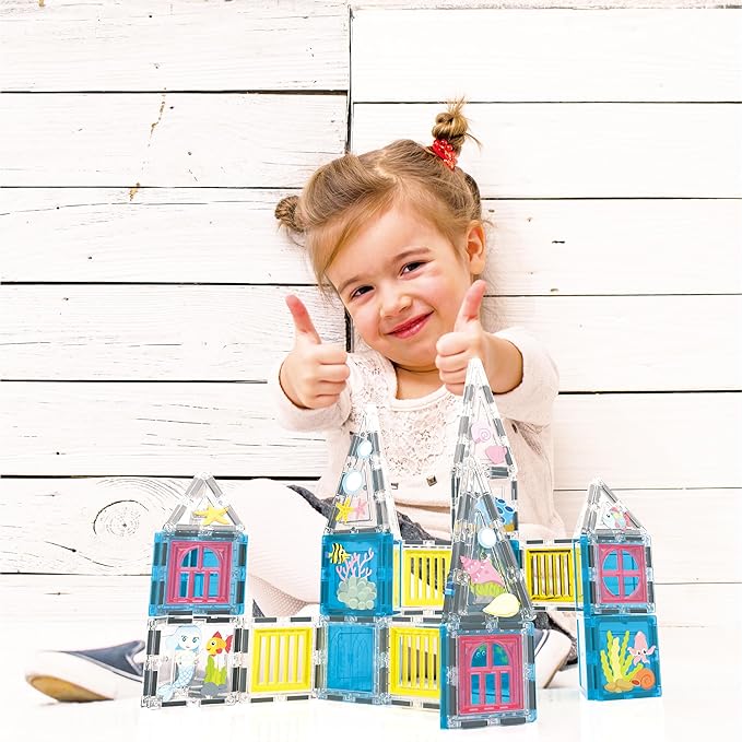 PicassoTiles 50 Piece Magnetic Tiles Mermaid Theme Magnet Building Blocks Toddler Toy Educational STEM Learning Kit Construction Set Pretend Play Preschool Kid Game Toddler Girl Boy Ages 3 & Up PTQ34