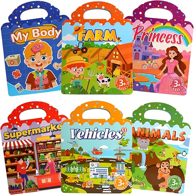 6 Pack Jelly Sticker Books for Toddlers 3+ Years, Reusable Sticker Books for Toddlers 3, Airplane Toys,Farm Vehicles Animals Princess My Body Supermarket Theme