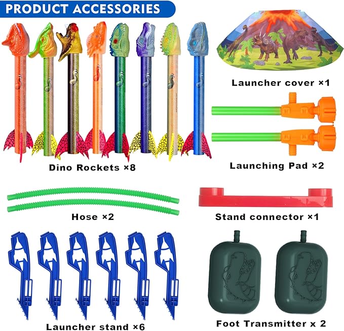 Dinosaur Rocket Launcher for Kids - Launch Up to 100 Ft, 8 Rockets and 2 Pads for Multi-Player, Dinosaur Toys, Birthday Gift Ideas, for 3 4 5 6 7 Year Old Boys, Outdoor Outside