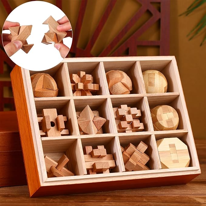 Yilloog 12 Pcs Wooden Brain Teaser Puzzles Set, Educational Games 3D Wooden Puzzle, Logic IQ Mind Challenging Puzzles for Adults Kids Christmas Birthday Gifts