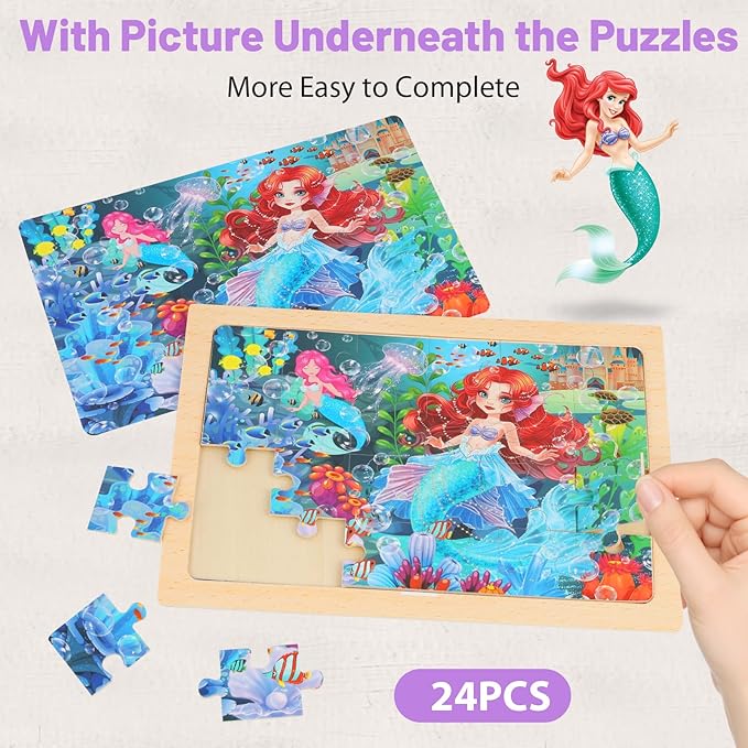 Wooden Puzzles for Kids Ages 4-6, 24 Piece Unicorn Mermaid Princess Jigsaw Puzzles 4 Packs, Preschool Toddlers Learning Activity Puzzles Toys for Girls 3 4 5 6 Years Old