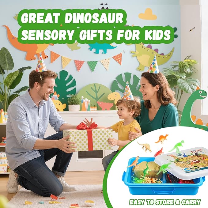 Pakimio Dinosaur Sensory Bin with Lid, 2.64lbs Magic Sand, Dino Figures & Skeletons, Archaeology & Sand Tools, Scenic Elements, Play Sand Kit Dinosaur Toys for 3 4 5 6 7 8+ Year Old Boy Birthday Gift